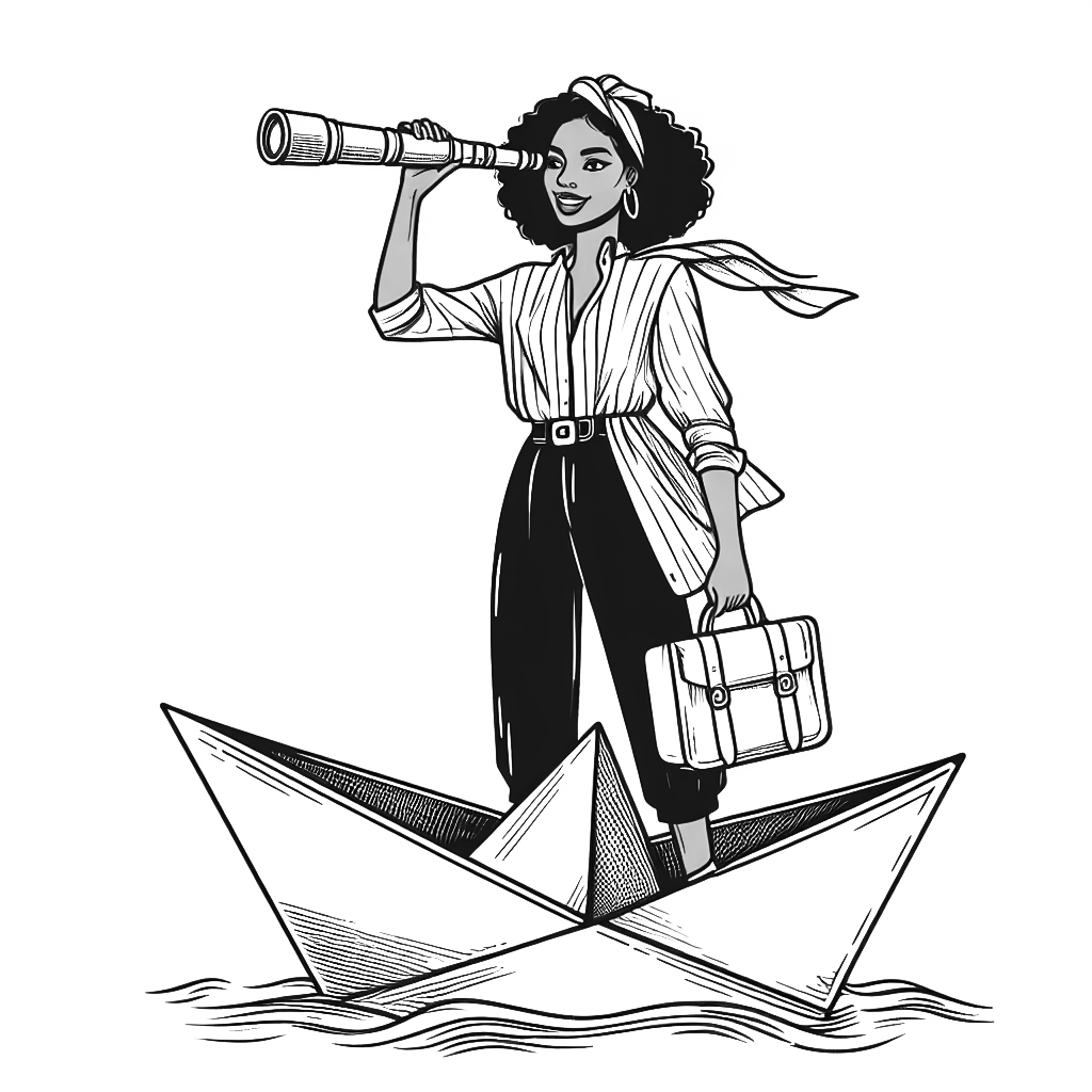 black woman in paper boat looking at horizon with a telescope
